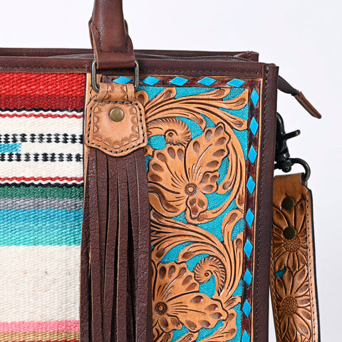 American Darling Hand Tooled Floral Western Leather Woven Saddle Blanket Tote Bag
