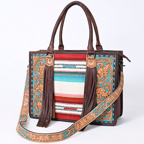 American Darling Hand Tooled Floral Western Leather Woven Saddle Blanket Tote Bag