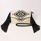 LC-ADBGS178BG Western Crossbody Envelope with Aztec Design and Fringe - Black & Ivory Wool Fabric