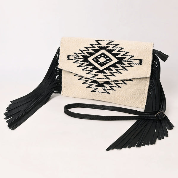 LC-ADBGS178BG Western Crossbody Envelope with Aztec Design and Fringe - Black & Ivory Wool Fabric