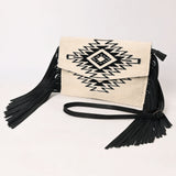 LC-ADBGS178BG Western Crossbody Envelope with Aztec Design and Fringe - Black & Ivory Wool Fabric