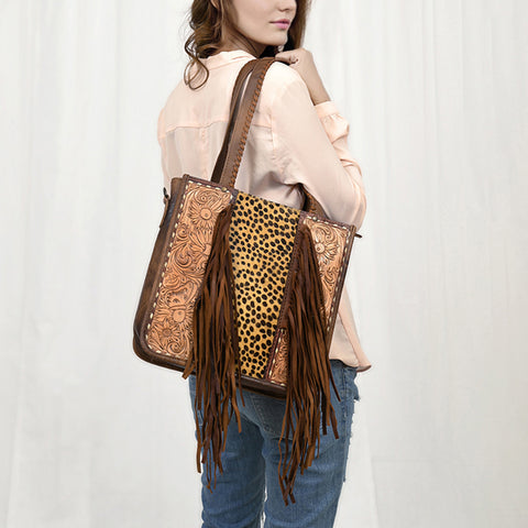 American Darling Hair-on Cowhide Tote Bag with Hand-Tooled Leather and Fringes