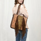 ADBG1086 Western Cowhide Fringe Tote Bag with Tooled Leather Straps-Handcrafted by American Darling