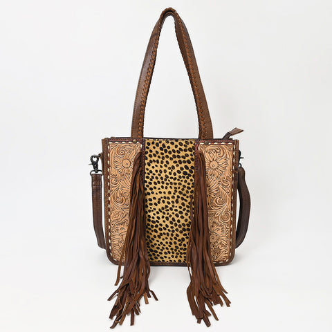 American Darling Hair-on Cowhide Tote Bag with Hand-Tooled Leather and Fringes