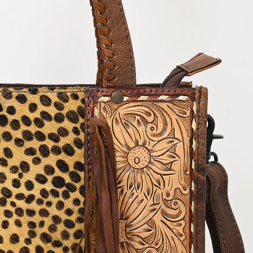 American Darling Hair-on Cowhide Tote Bag with Hand-Tooled Leather and Fringes