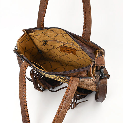 American Darling Hair-on Cowhide Tote Bag with Hand-Tooled Leather and Fringes