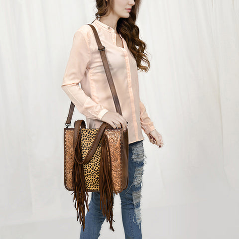 American Darling Hair-on Cowhide Tote Bag with Hand-Tooled Leather and Fringes