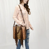 ADBG1086 Western Cowhide Fringe Tote Bag with Tooled Leather Straps-Handcrafted by American Darling