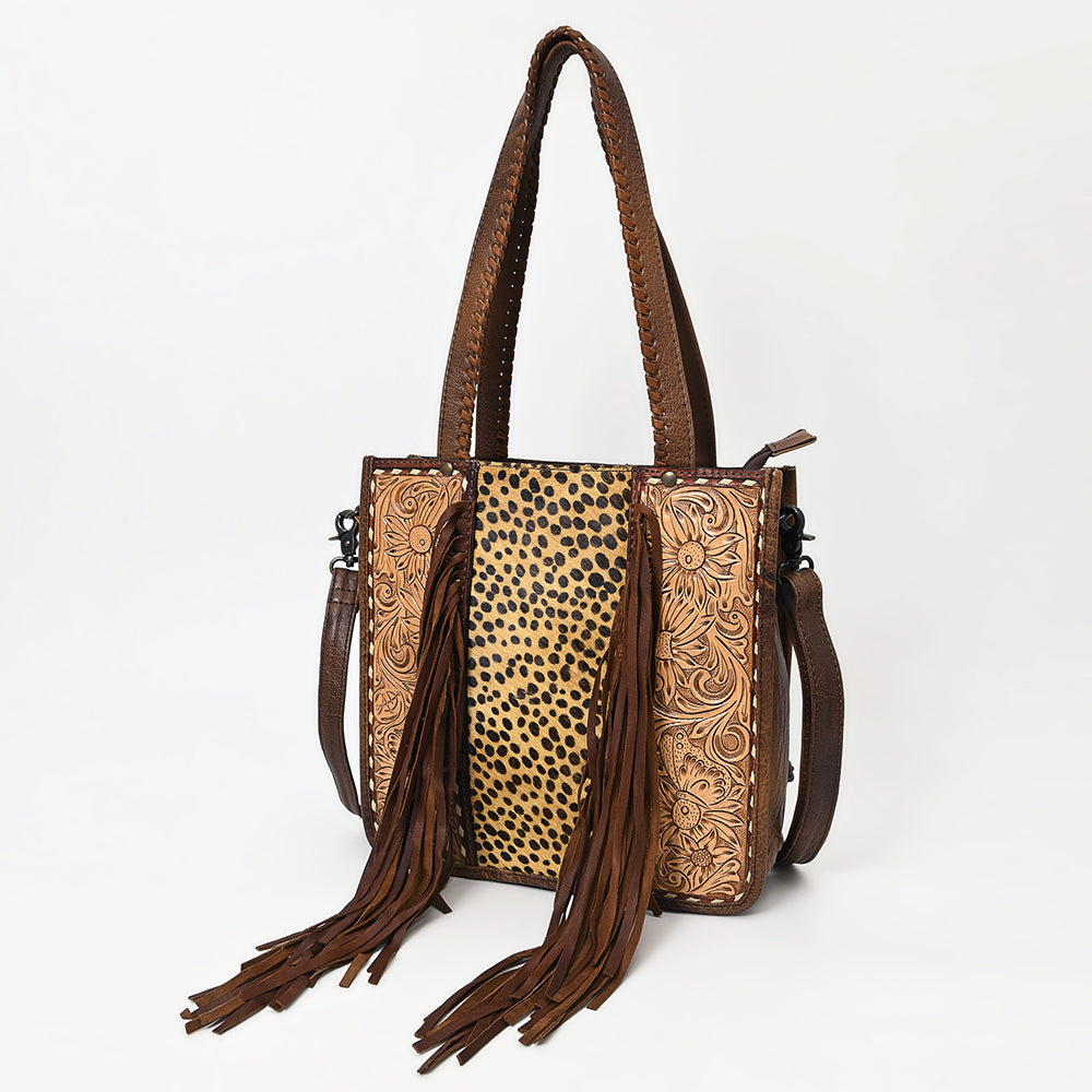 American Darling Hair-on Cowhide Tote Bag with Hand-Tooled Leather and Fringes