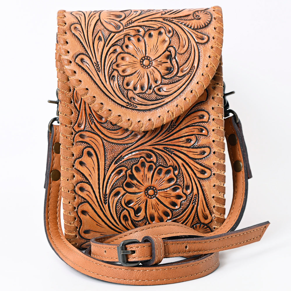 ADBG1089 Hand Tooled Floral CellPhone Holder Genuine Western Leather Women Bag