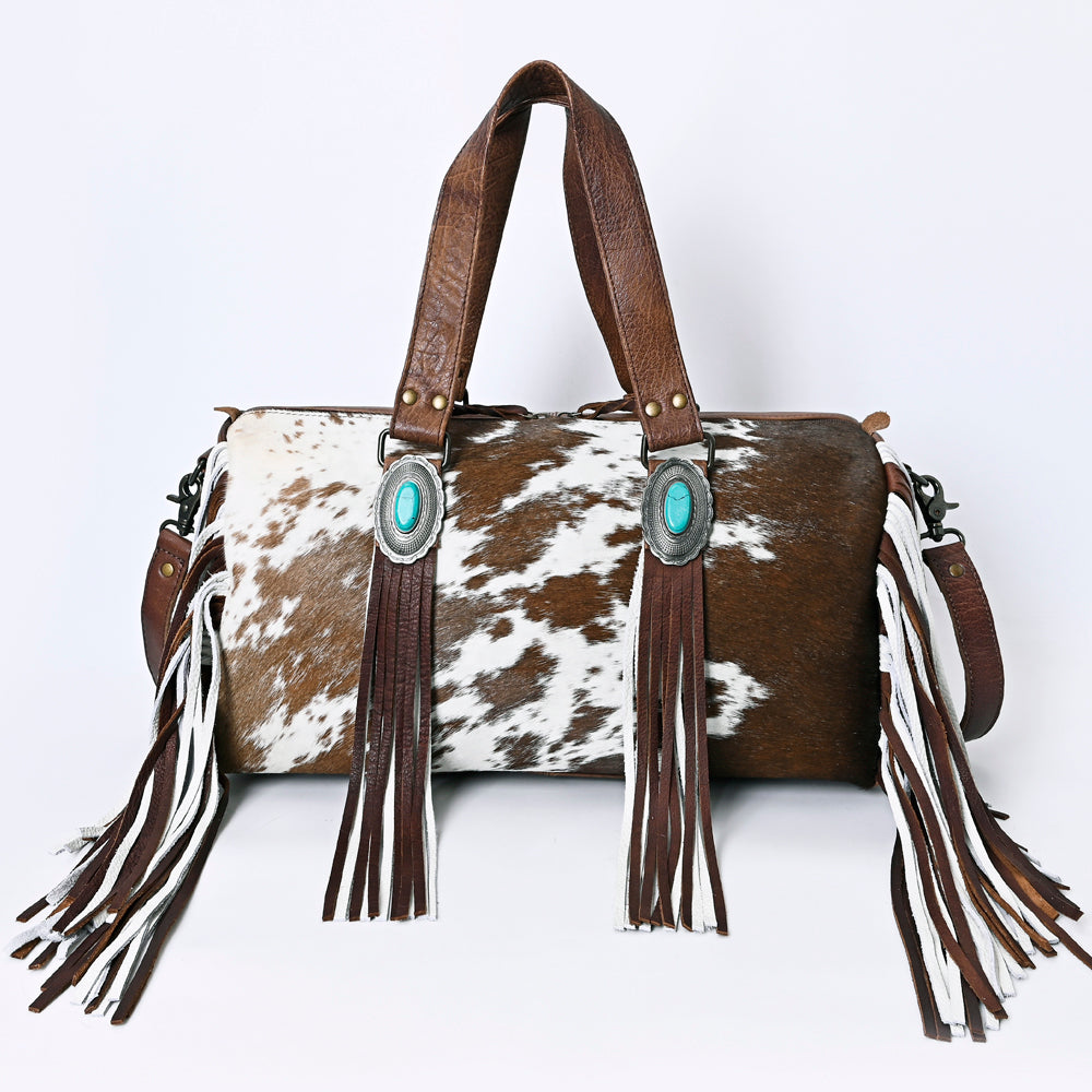 American Darling Western Leather Duffel Bag with Hair-On Cowhide and Fringe