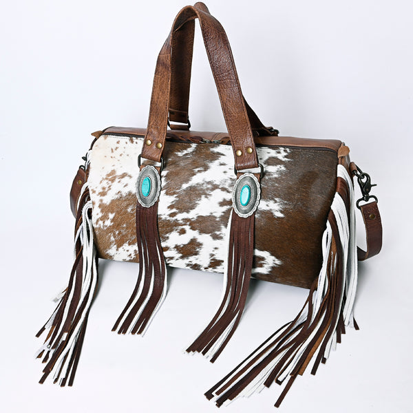 ADBG1090 Western Hair-On-Hide Cowhide Leather Duffel Bag with Fringe & Turquoise Accents-American Darling Travel Tote