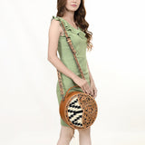 ADBG1094 Hand-Tooled Floral Western Leather Canteen Bag with Wool Saddle Blanket Tooled Strap -American Darling