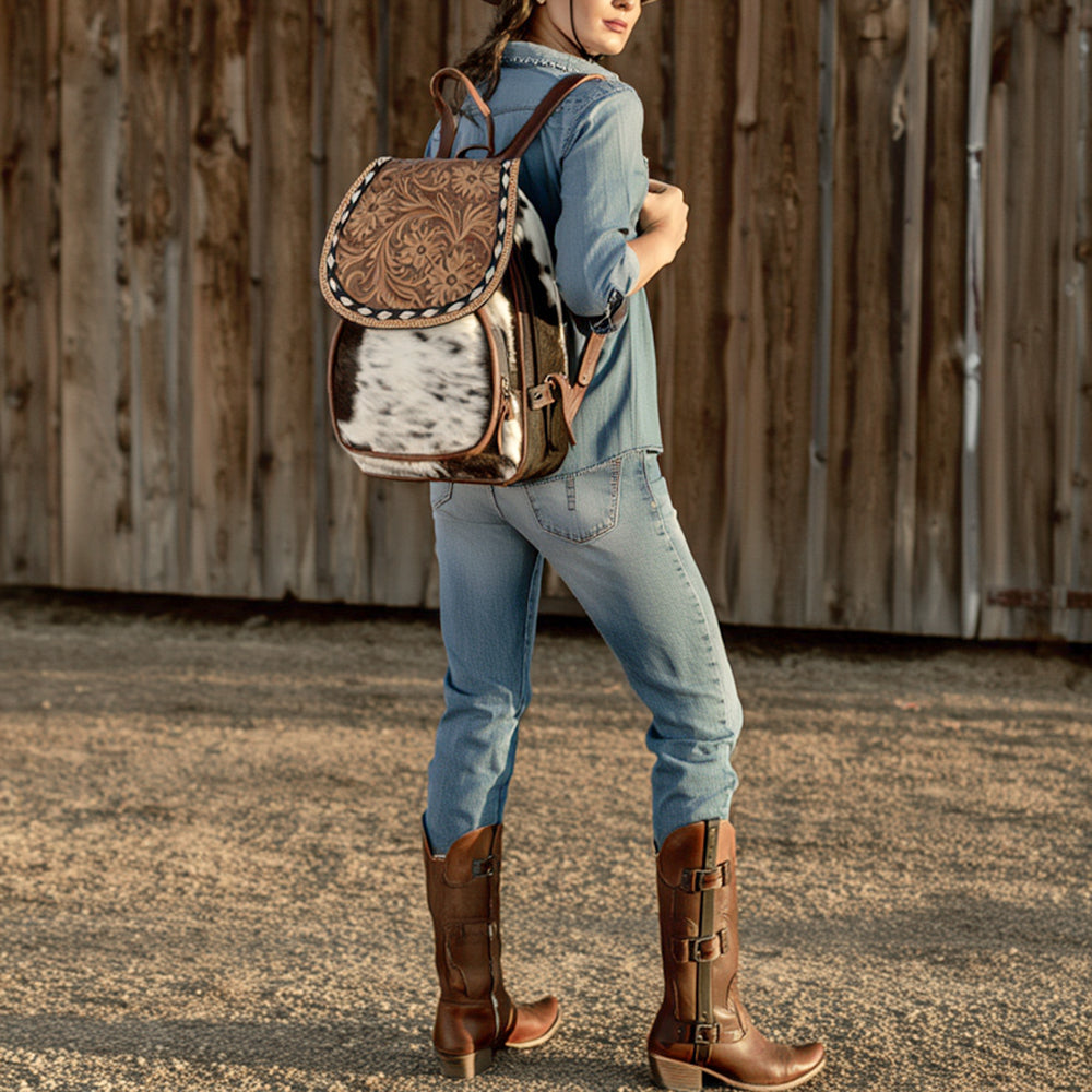 American Darling Western Leather Mini Backpack with Hair-On Cowhide & Tooled Floral Flap