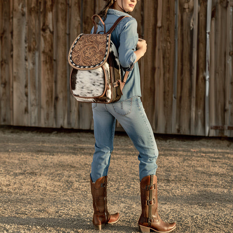 American Darling Western Leather Mini Backpack with Hair-On Cowhide & Tooled Floral Flap