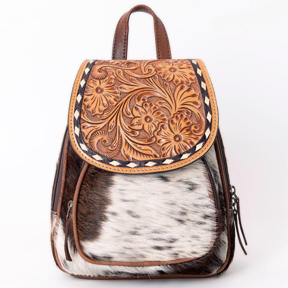 American Darling Western Leather Mini Backpack with Hair-On Cowhide & Tooled Floral Flap