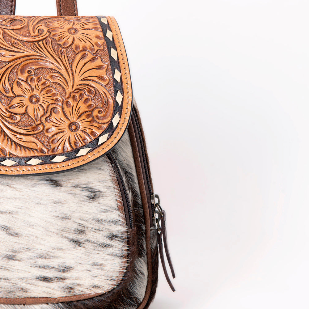 American Darling Western Leather Mini Backpack with Hair-On Cowhide & Tooled Floral Flap