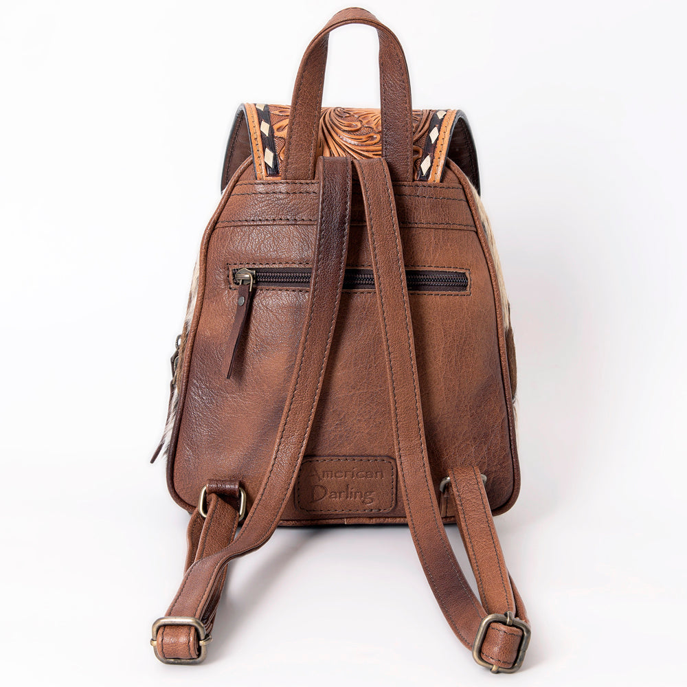 American Darling Western Leather Mini Backpack with Hair-On Cowhide & Tooled Floral Flap