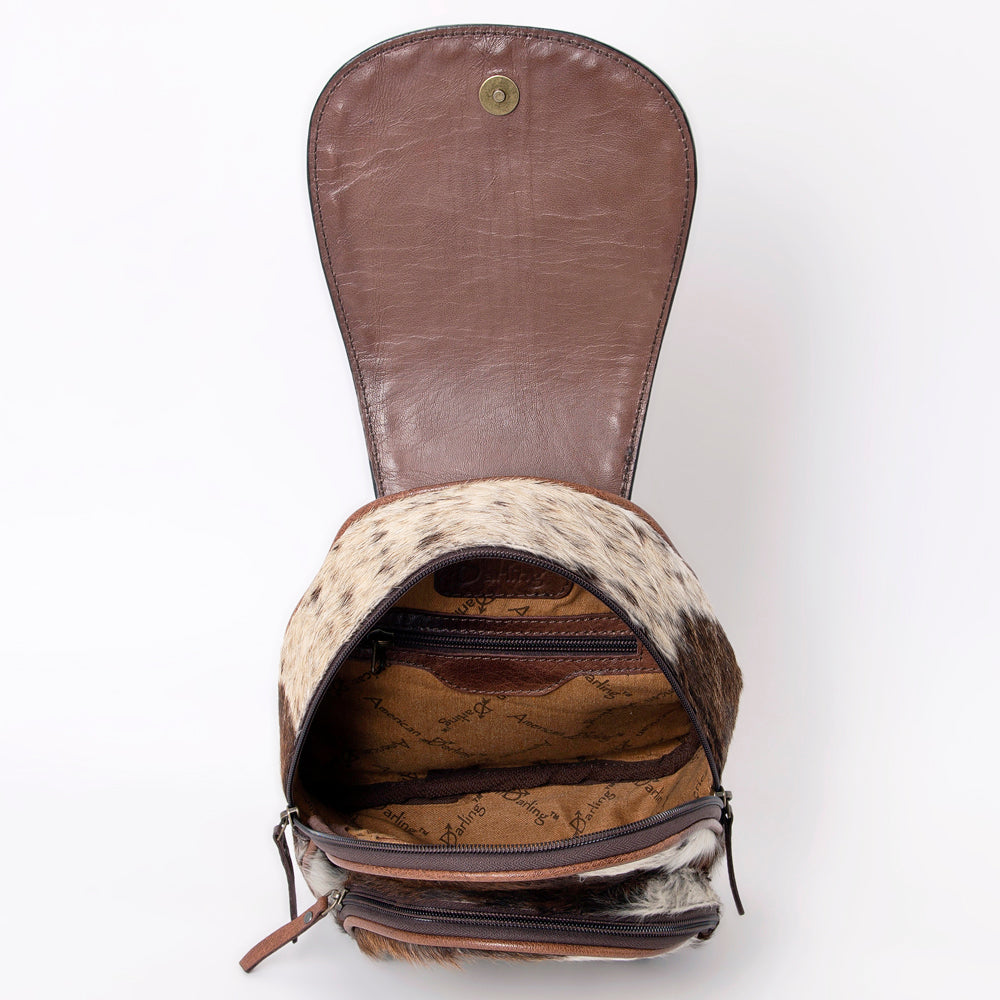 American Darling Western Leather Mini Backpack with Hair-On Cowhide & Tooled Floral Flap
