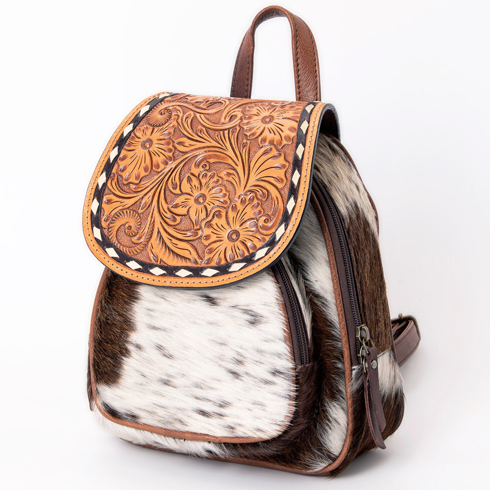 American Darling Western Leather Mini Backpack with Hair-On Cowhide & Tooled Floral Flap