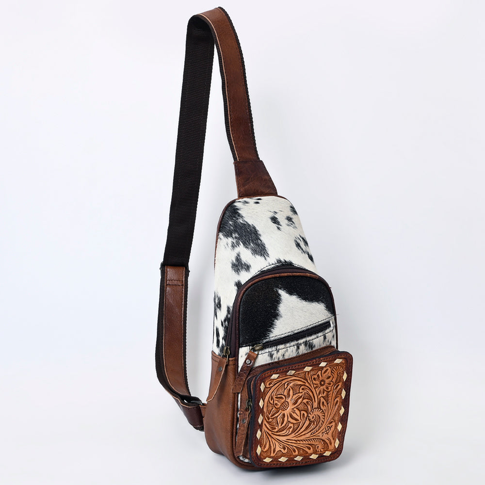 American Darling Western Leather Crossbody Bag Hair-On Cowhide Hand-Tooled Floral Front
