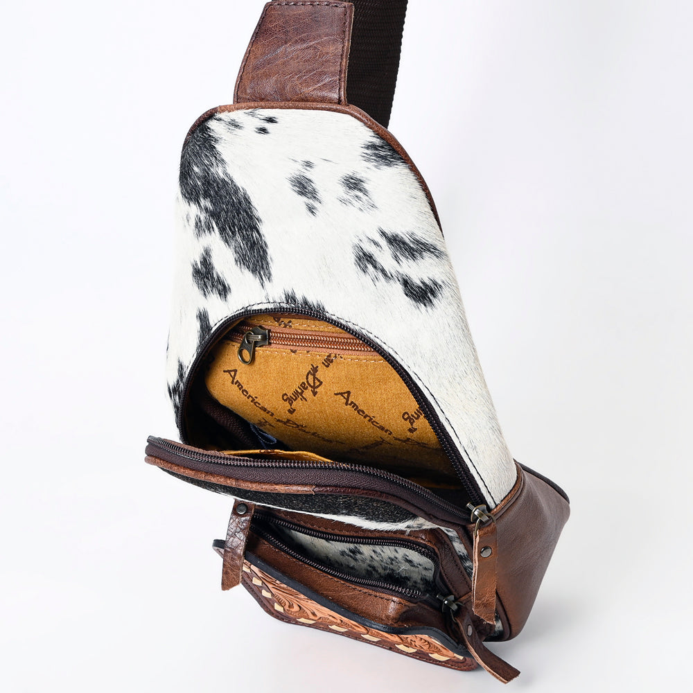 American Darling Western Leather Crossbody Bag Hair-On Cowhide Hand-Tooled Floral Front