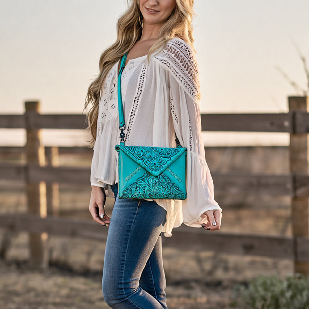 American Darling Hand-Tooled Genuine Leather Western Envelope Bag - Floral Carved Crossbody