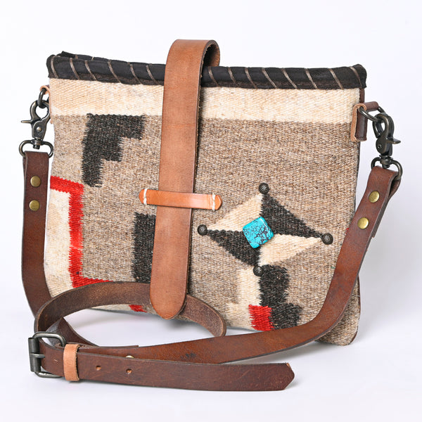 ADBG1112 Southwestern Wool Crossbody with Turquoise Accent-Brown Leather Strap & Tribal Woven Design