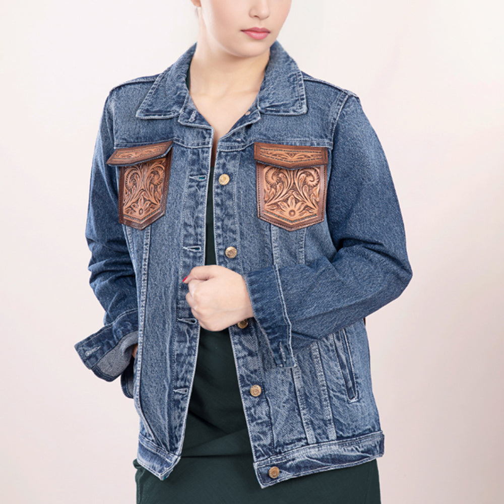 LC-ADJKT004 Western Denim Jacket with Tooled Floral Leather Yoke & Fringe - Cowgirl Heritage Style
