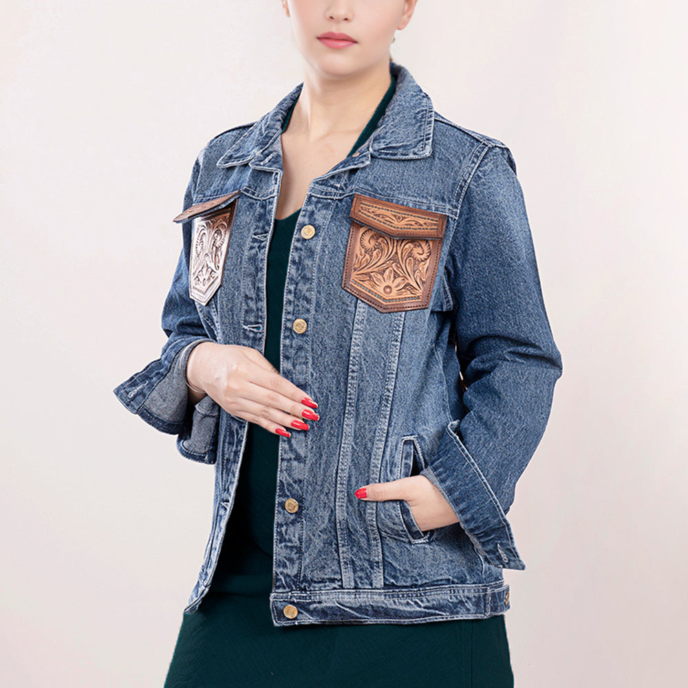 LC-ADJKT004 Western Denim Jacket with Tooled Floral Leather Yoke & Fringe - Cowgirl Heritage Style