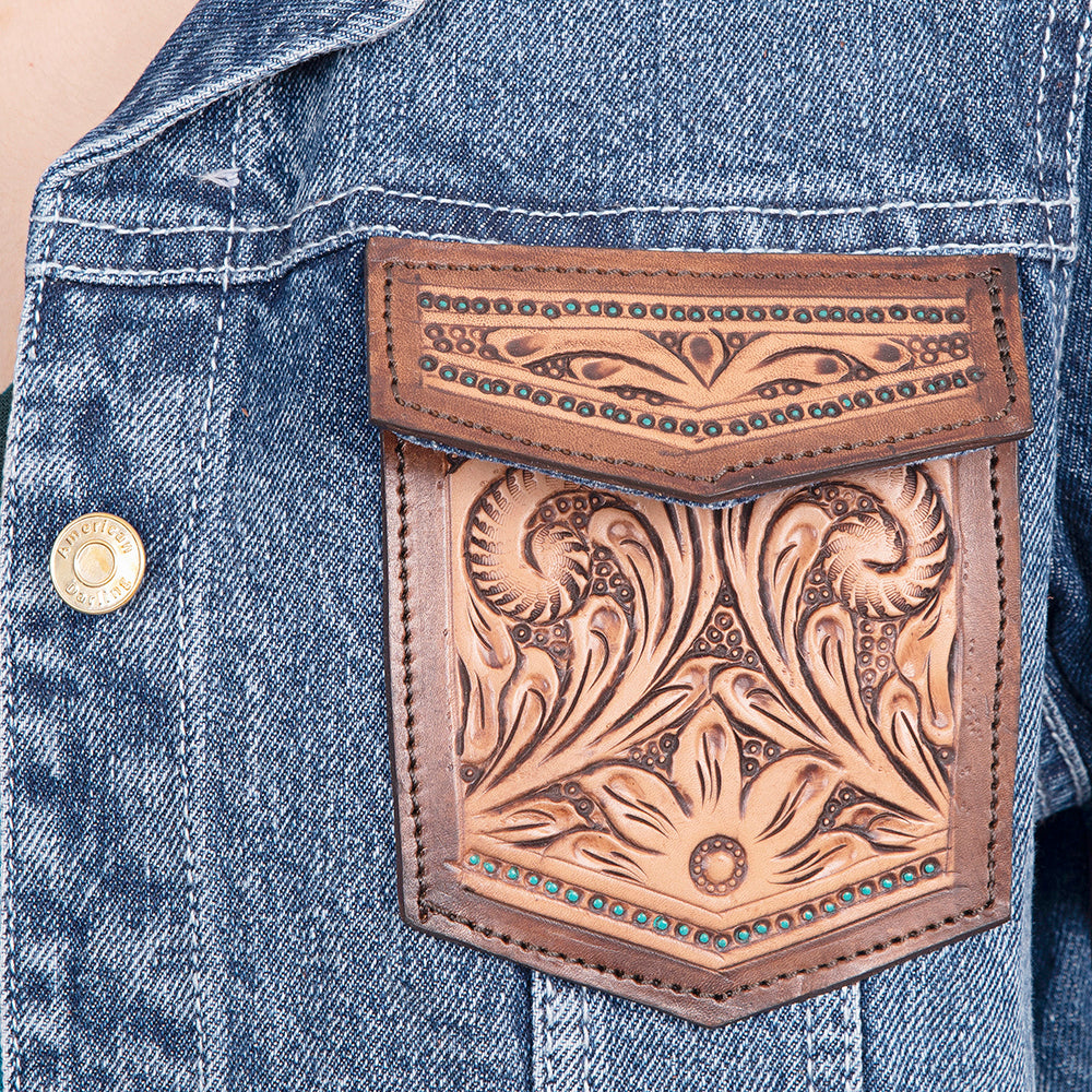LC-ADJKT004 Western Denim Jacket with Tooled Floral Leather Yoke & Fringe - Cowgirl Heritage Style