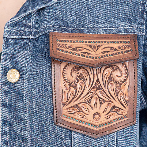 American Darling Floral Tooled Denim Jacket Harness Leather Fringe