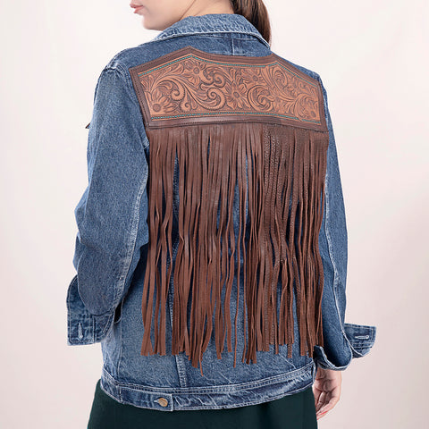 American Darling Floral Tooled Denim Jacket Harness Leather Fringe