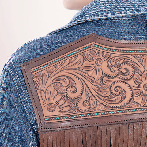 American Darling Floral Tooled Denim Jacket Harness Leather Fringe