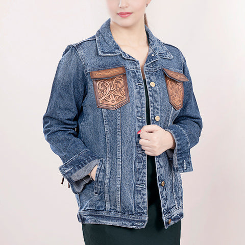 American Darling Floral Tooled Denim Jacket Harness Leather Fringe