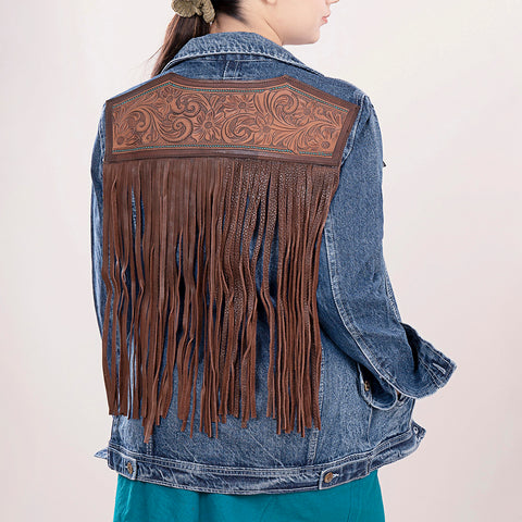 American Darling Floral Tooled Denim Jacket Harness Leather Fringe