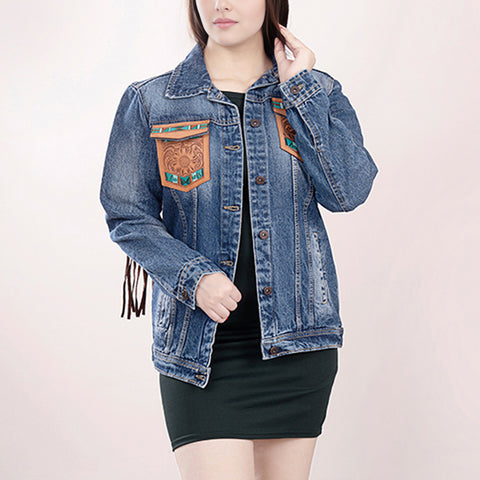 American Darling Denim & Harness Jacket Aztec Tooled Fringe Top