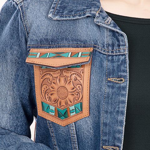 American Darling Denim & Harness Jacket Aztec Tooled Fringe Top