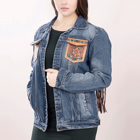 American Darling Denim & Harness Jacket Aztec Tooled Fringe Top