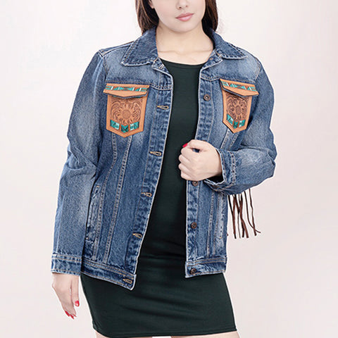 American Darling Denim & Harness Jacket Aztec Tooled Fringe Top