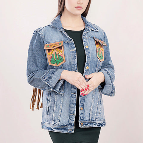 American Darling Tooled Harness Leather Denim Jacket Cactus Sunflower