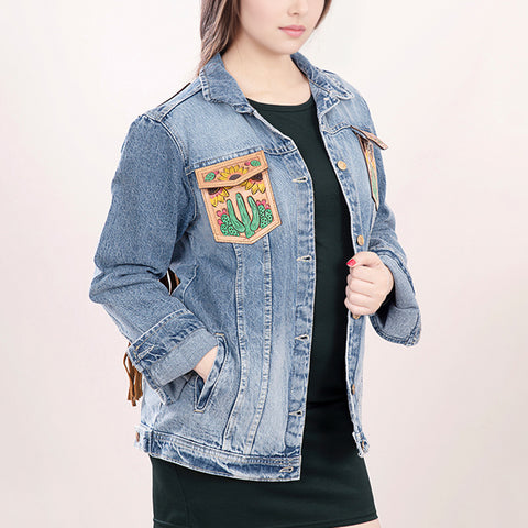 American Darling Tooled Harness Leather Denim Jacket Cactus Sunflower