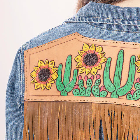 American Darling Tooled Harness Leather Denim Jacket Cactus Sunflower