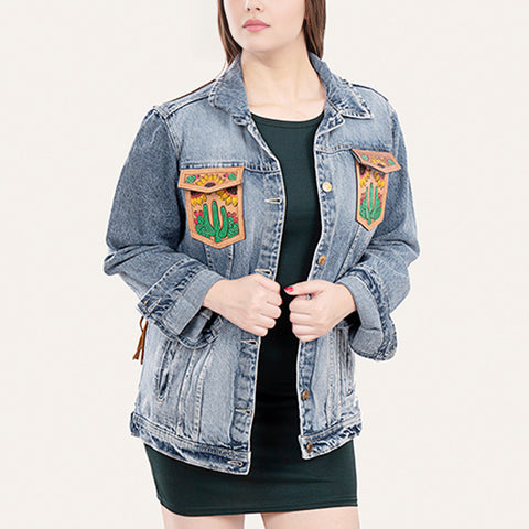American Darling Tooled Harness Leather Denim Jacket Cactus Sunflower