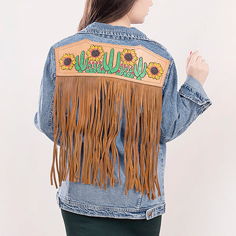 American Darling Tooled Harness Leather Denim Jacket Cactus Sunflower