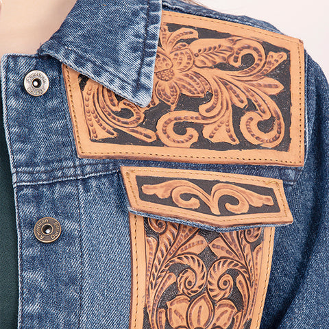 LC-ADJKT008 Classic Western Denim Jacket with Floral Tooled Leather Yoke & Tan Fringe