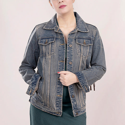 LC-ADJKT013 Hand-Tooled Leather Fringe Western Denim Jacket - Floral Scroll Yoke