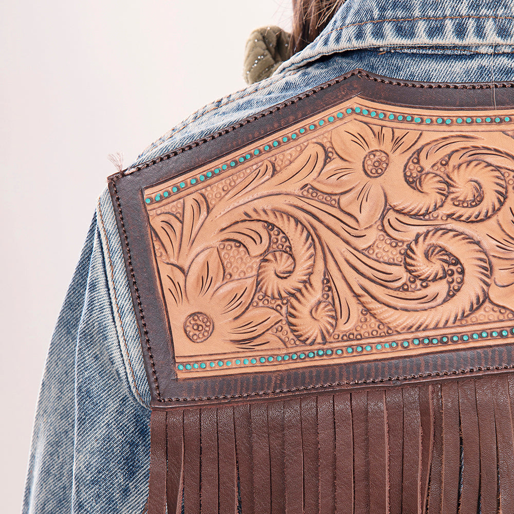 LC-ADJKT014 Light Wash Western Denim Jacket with Hand-Tooled Leather Yoke & Fringe