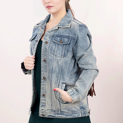 LC-ADJKT015 Western Denim Jacket with Floral Hand-Tooled Leather Yoke, Turquoise Accents & Fringe