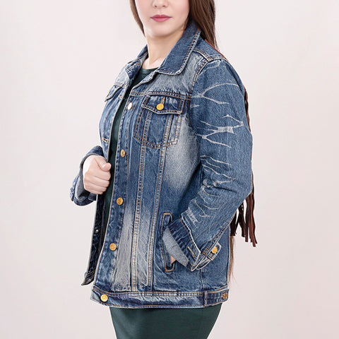 LC-ADJKT017 Denim Jacket with Tooled Cowgirl Scene & Leather Fringe